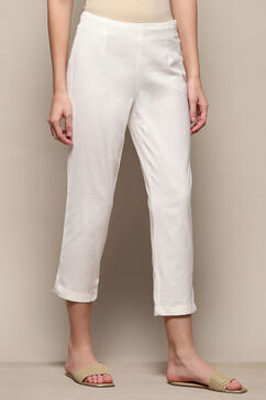 White Solid Cotton Blend Narrow Pants image number 3