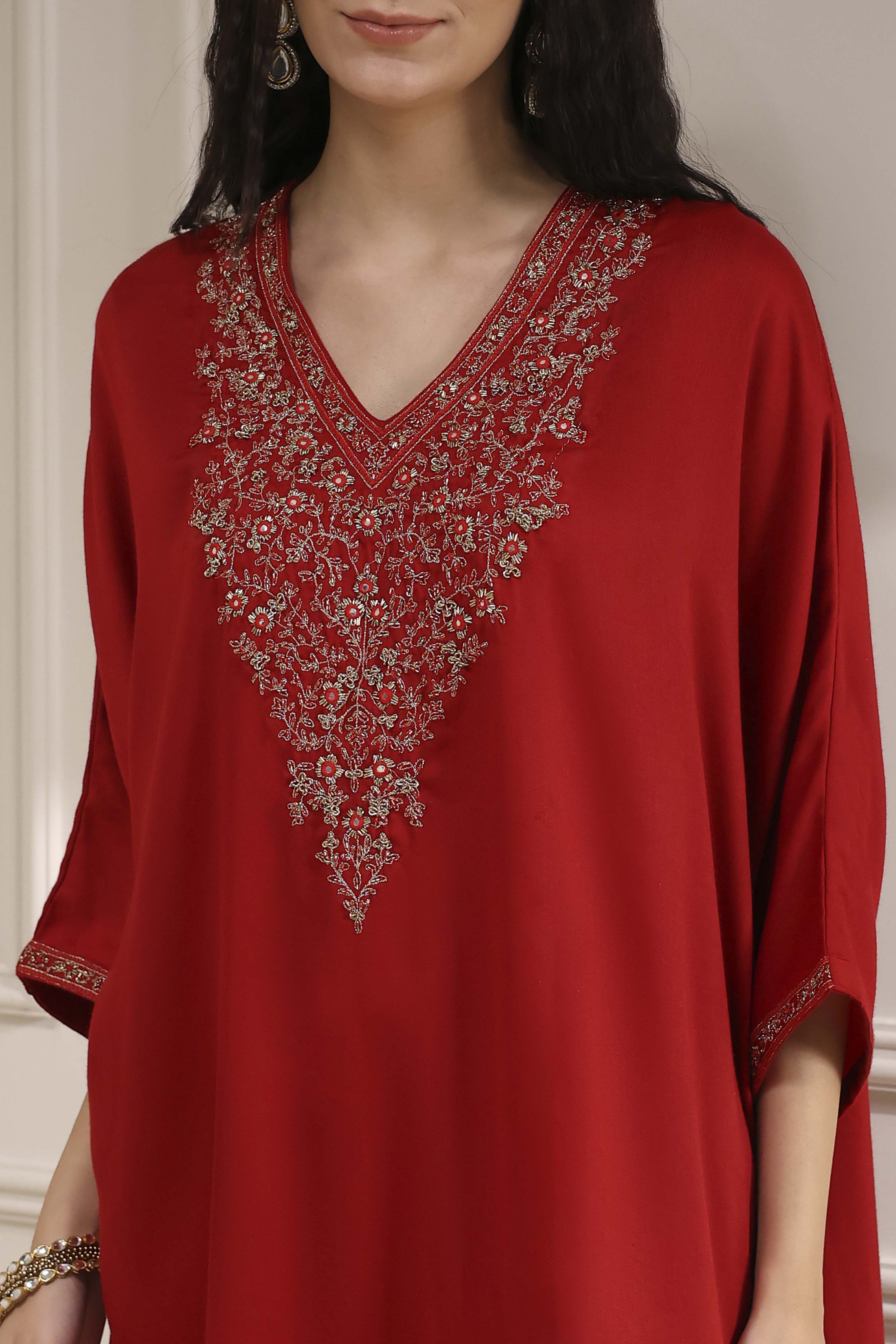 Red Satin Solid Kaftan-Style Kurta Set image number 1