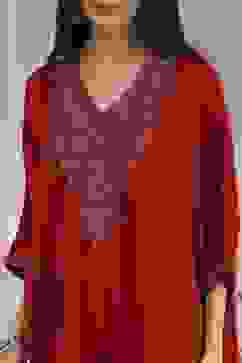 Red Satin Solid Kaftan-Style Kurta Set image number 1
