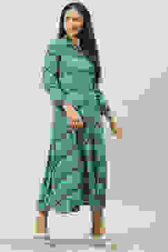 Turquoise Chevron Block Printed Shirt-Style Flared Dress image number 2