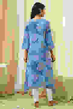 Blue Floral Printed Asymmetric Kurta image number 4