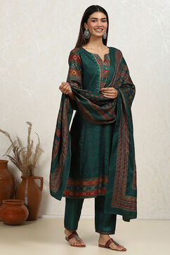 Teal Pashmina Machine Embroidery Unstitched Suit Set image number 1