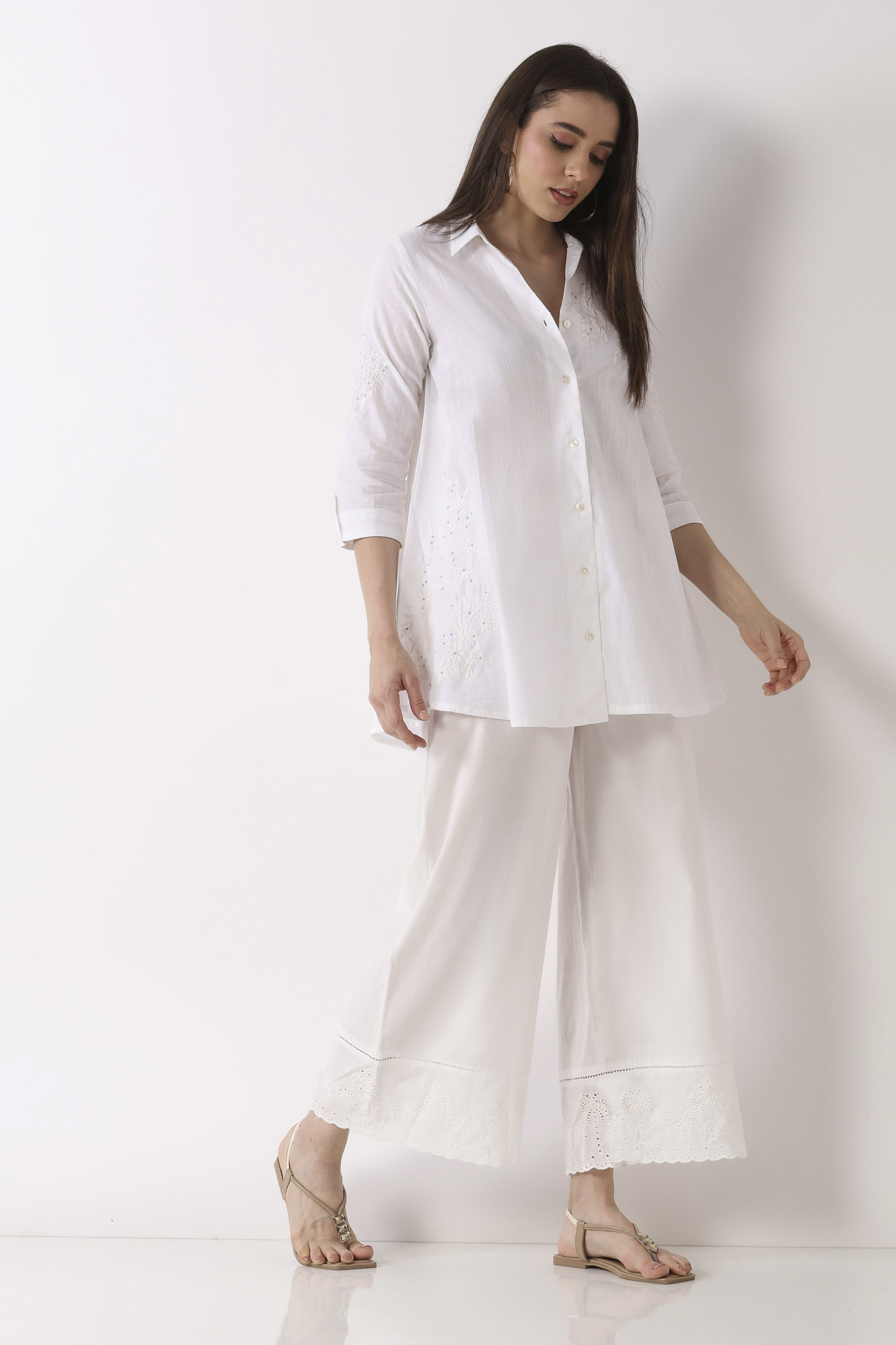 White Cotton Flared Palazzos image number 0