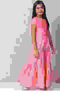 Peach Art Silk Printed Short Top Lehenga Set image number 5