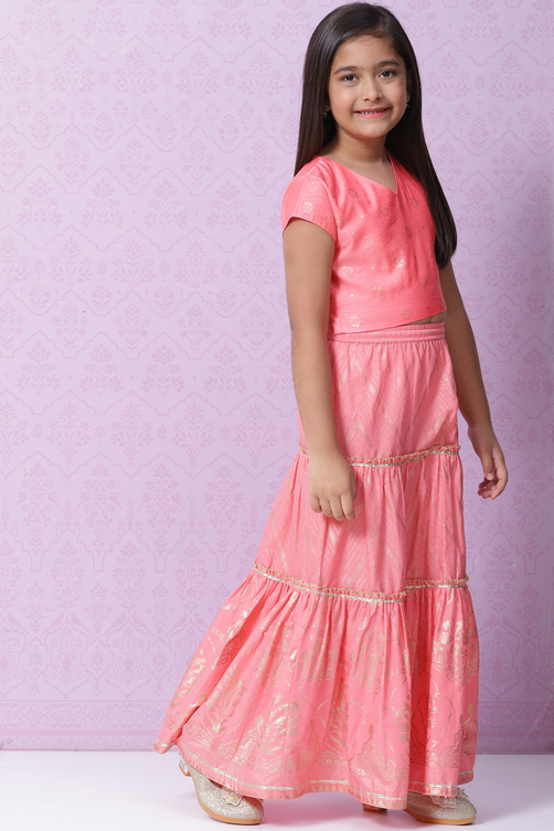 Red Art Silk Printed Short Top Lehenga Set image number 5