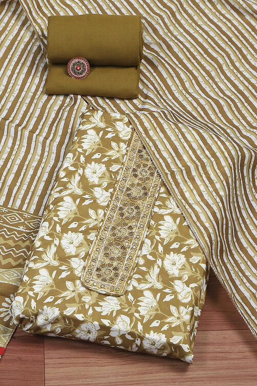 Mustard Green Cotton Printed Unstitched Suit Set image number 0