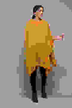 Mustard Acrylic Solid Straight Poncho Sweater image number 0