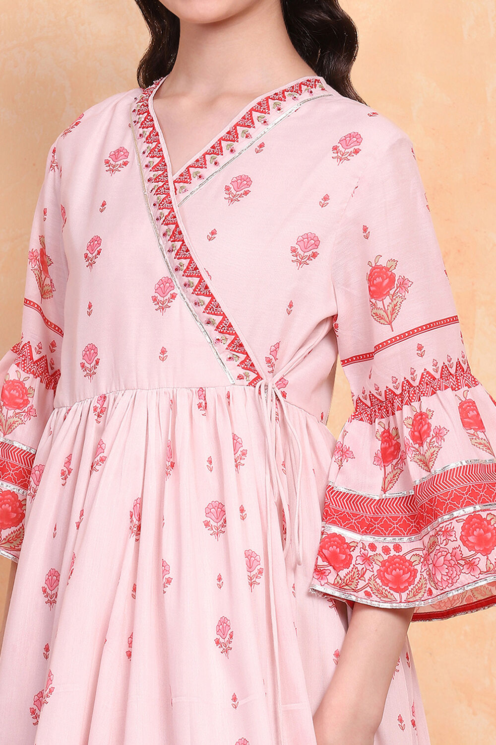 Pastel Pink Printed Angrakha Gathered Suit Set image number 6