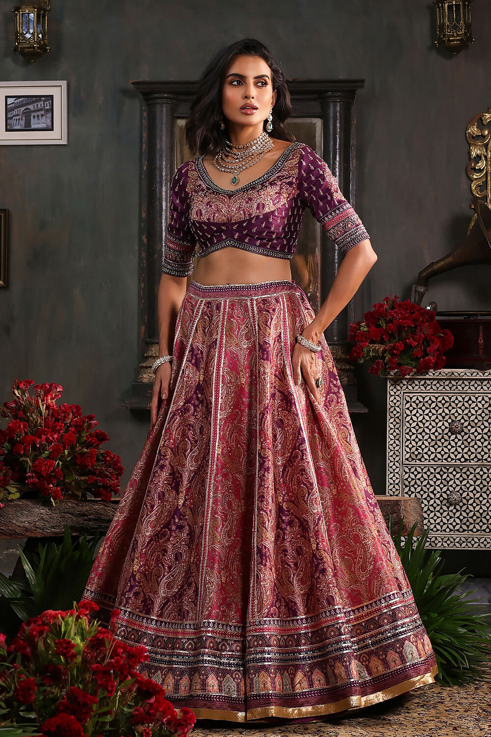 Purple Hand Embroidered Flared Lehenga Set image number 6