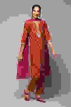 Green & Maroon Modal Blend Straight Kurta Pants Suit Set image number 6