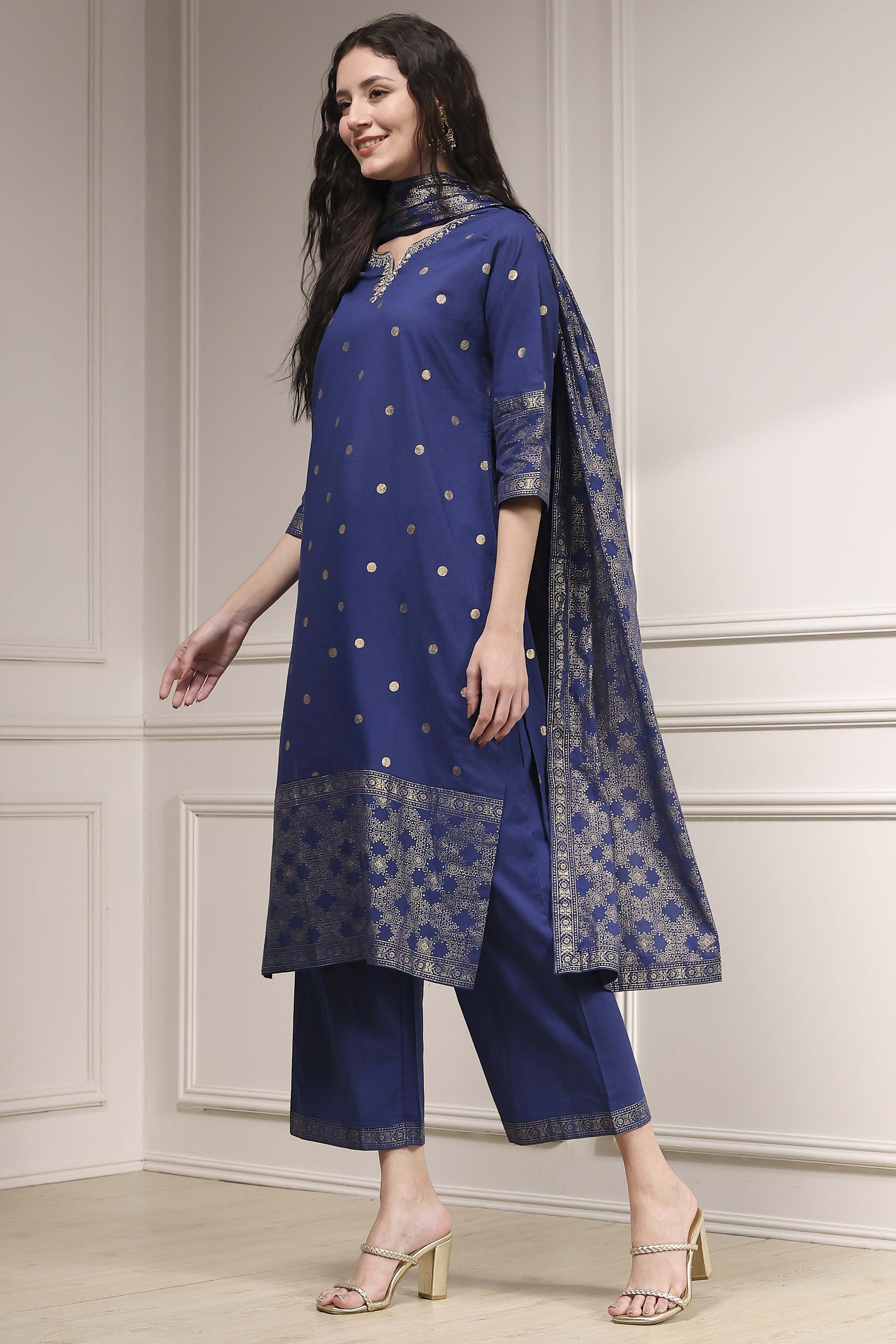 Blue Cotton Printed Straight Suit Set image number 3