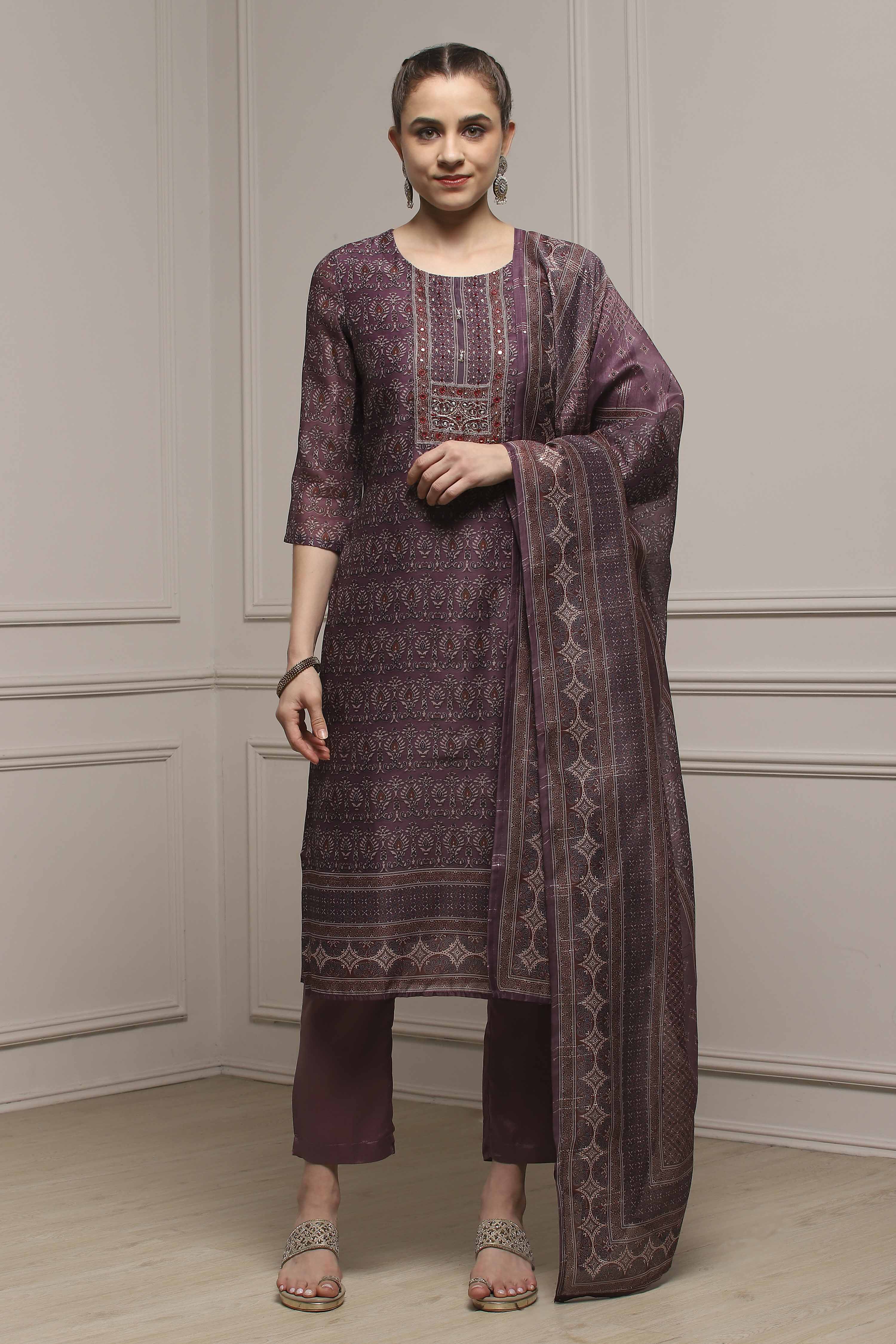 Purple Chanderi Blend Printed Embroidered Unstitched Suit Set image number 1