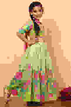 Lime Green Poly Chanderi Floral Printed Lehenga Set image number 3