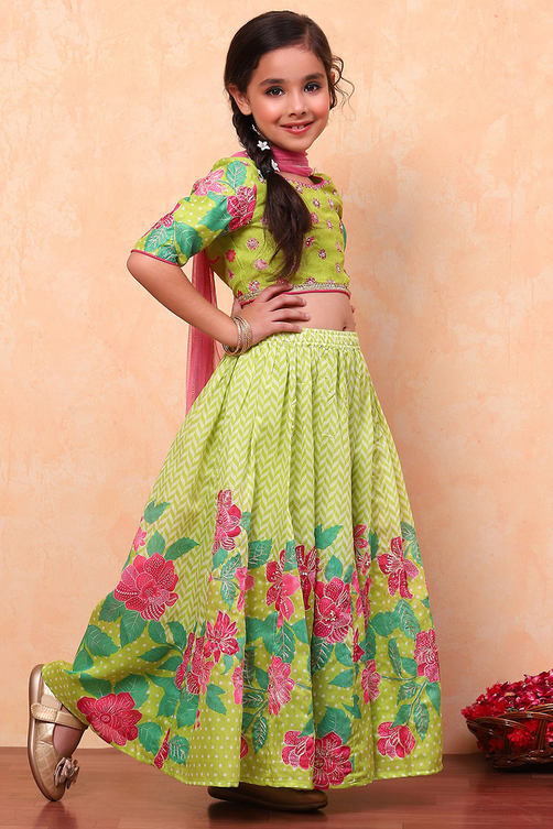 Lime Green Poly Chanderi Floral Printed Lehenga Set image number 3
