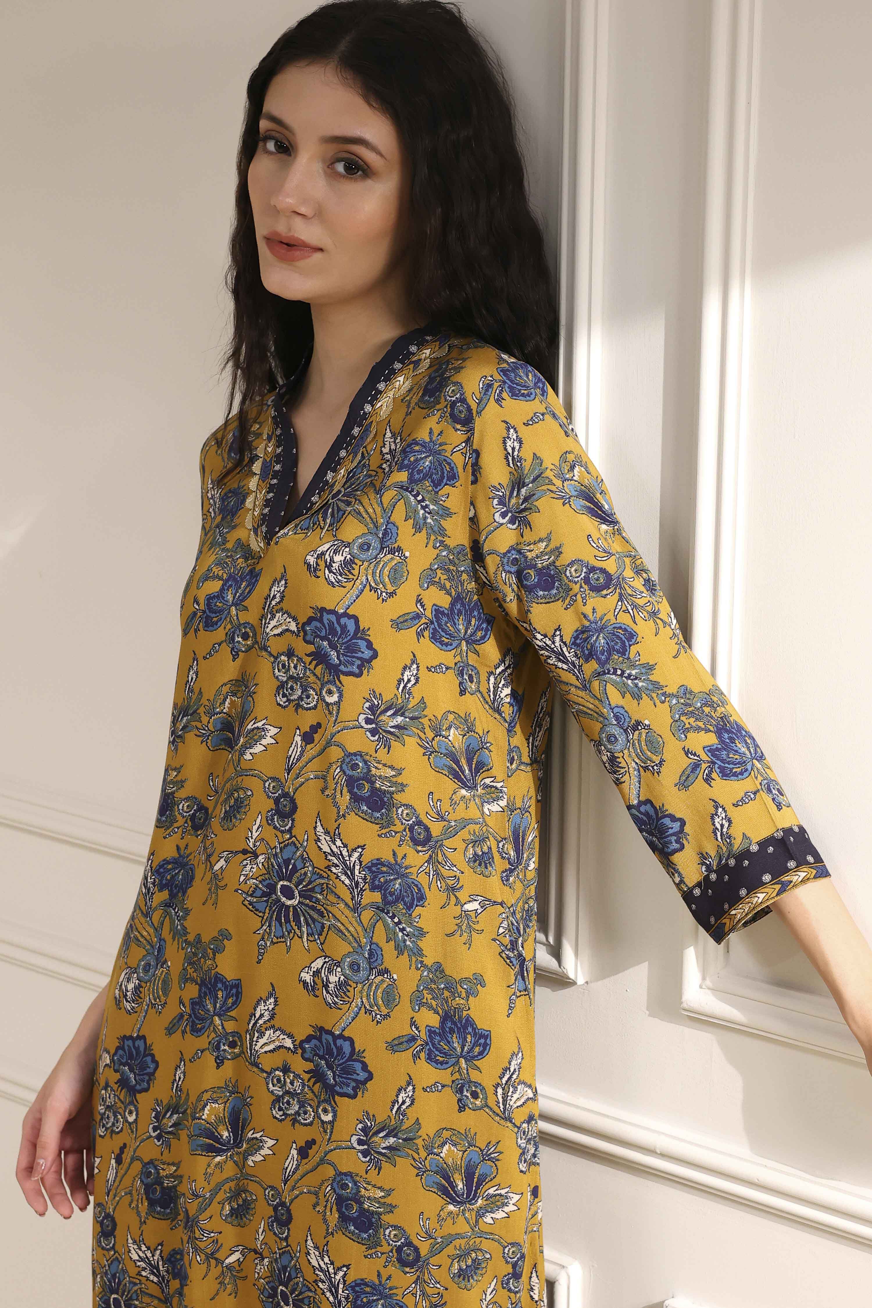 Mustard Yellow Printed Straight Kurta image number 6