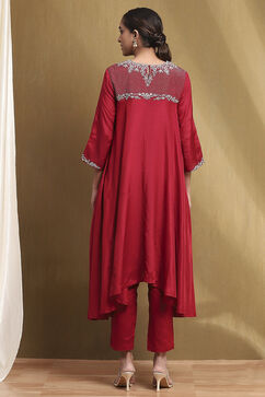 Red Modal Embroidered A-Line Kurta Set image number 4