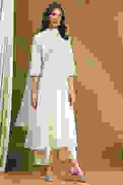 Off-White Cotton Printed Festive A-Line Suit Set image number 5