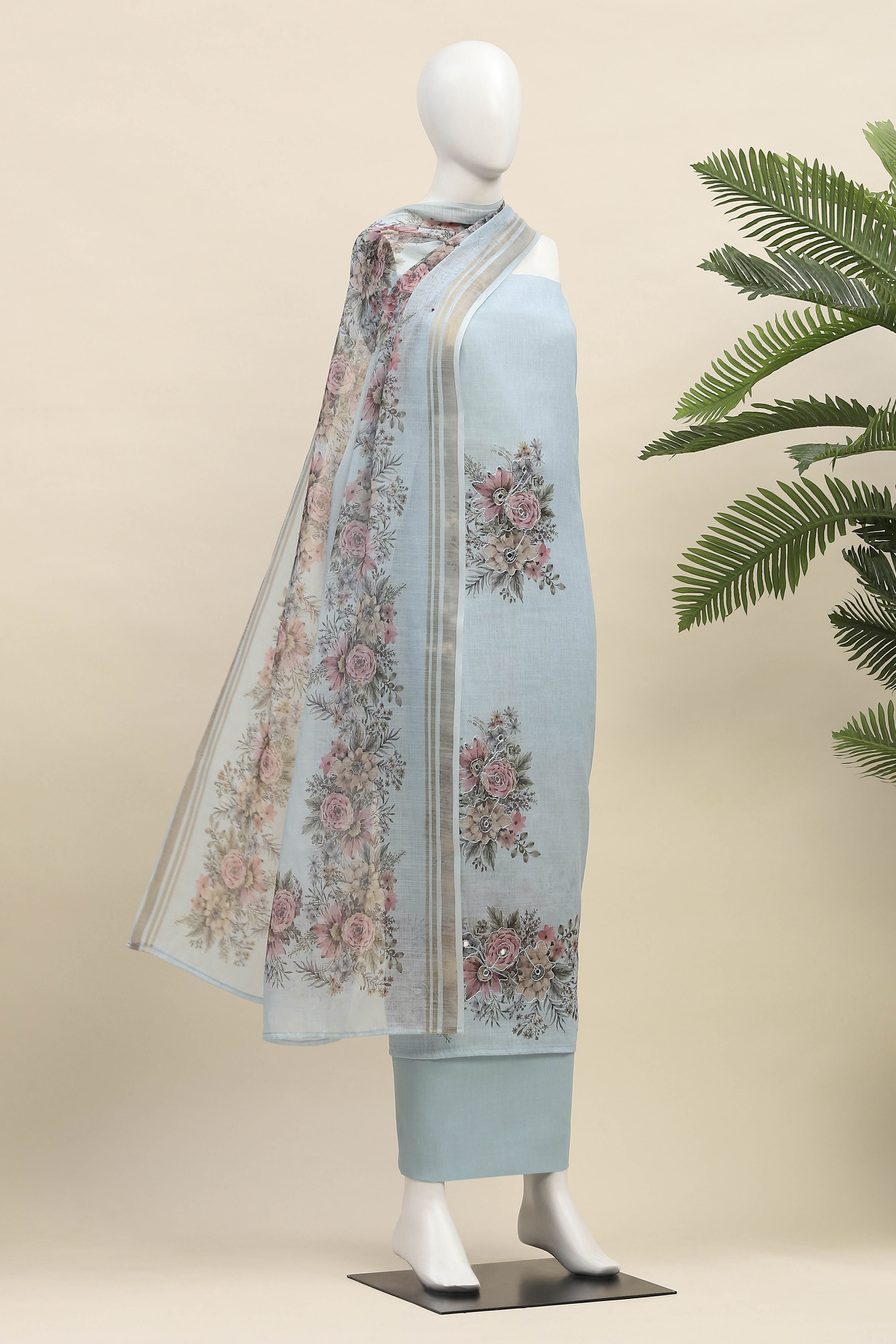 Sky Blue Linen Unstitched Suit Set image number 4
