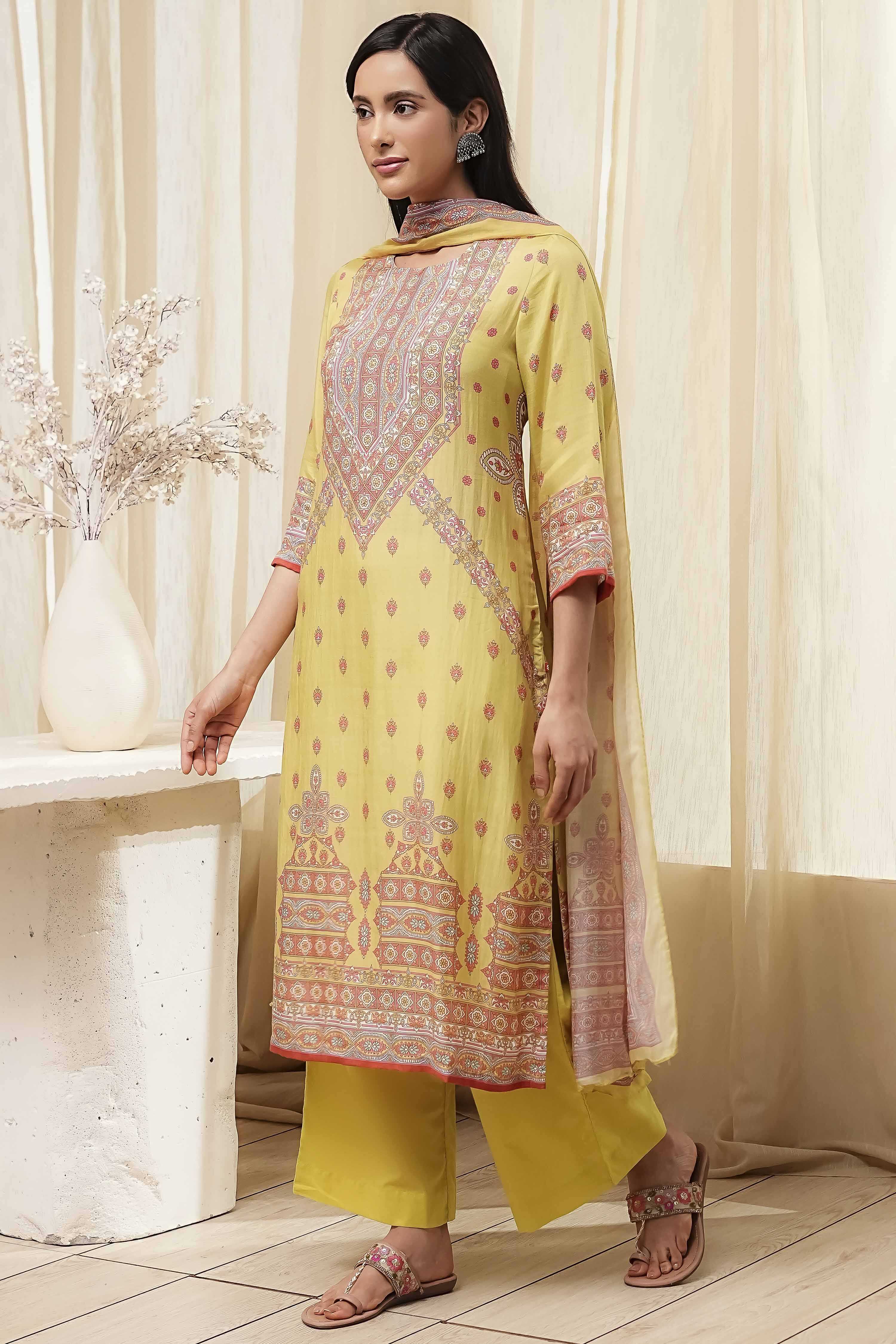Green Modal Printed Straight Suit Set image number 3