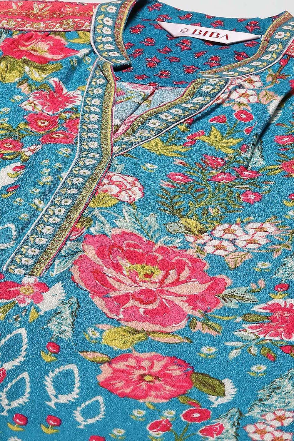 Teal LIVA Straight Printed Kurta image number 2