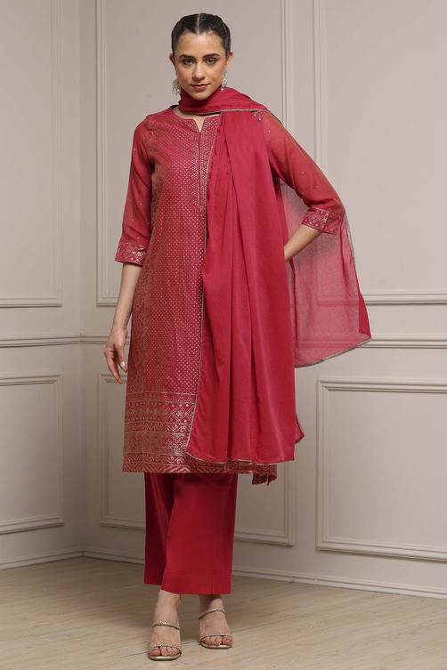 Pink Cotton Blend Printed Straight Suit Set image number 0