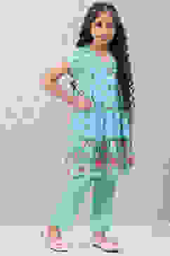 Turquoise Art Silk Straight Printed Kurta image number 5