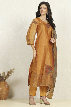 Mustard Chanderi Unstitched Suit Set image number 6