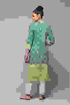 Green LIVA Straight Printed Kurta image number 4