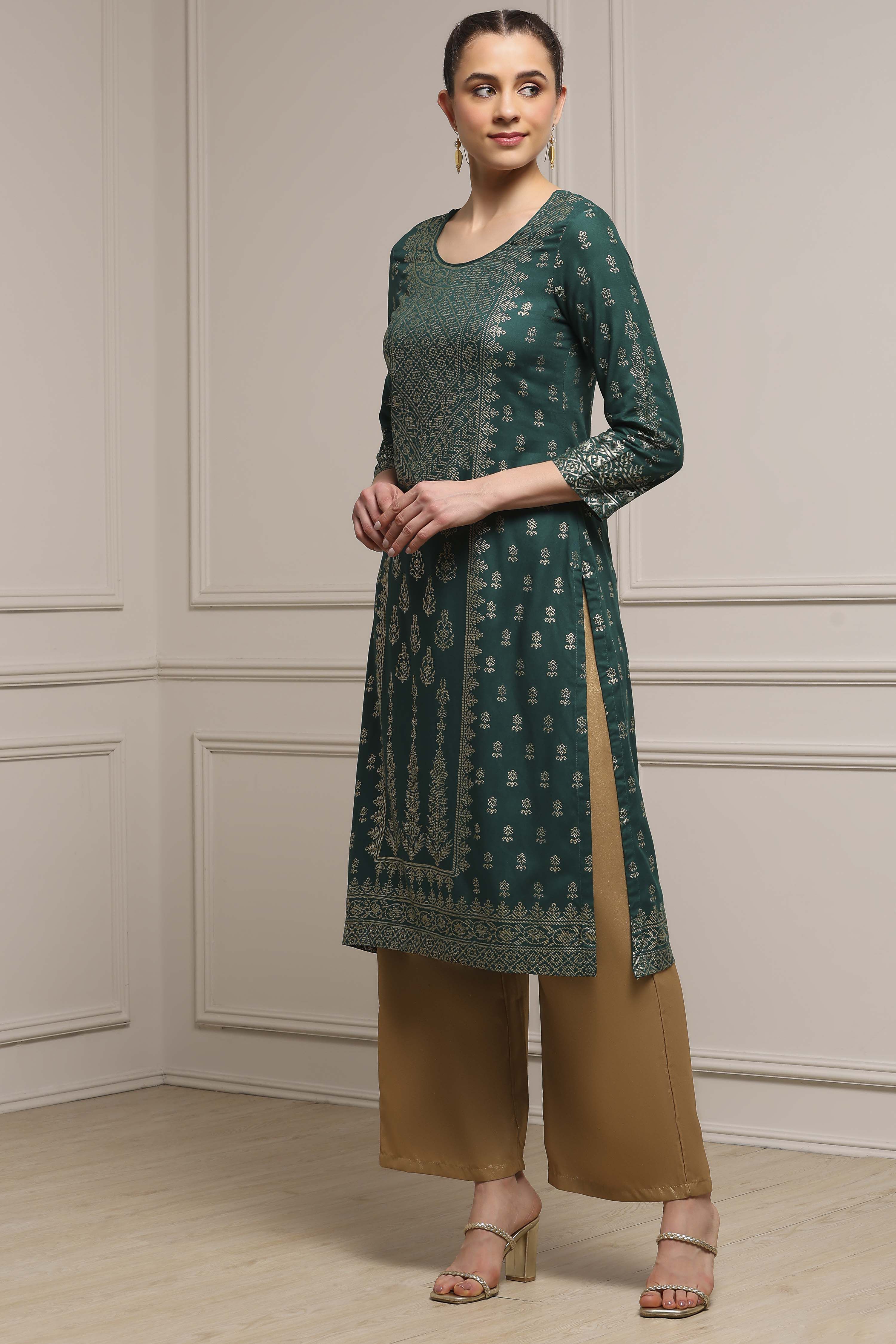Bottle Green LIVA Straight Printed Kurta image number 2