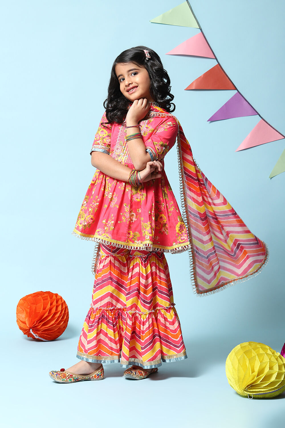 Carmine Pink Cotton Gathered Kurta Garara Suit Set image number 5