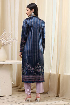 Petrol Blue Polyester Straight Printed Kurta Slim Pant Suit Set image number 4