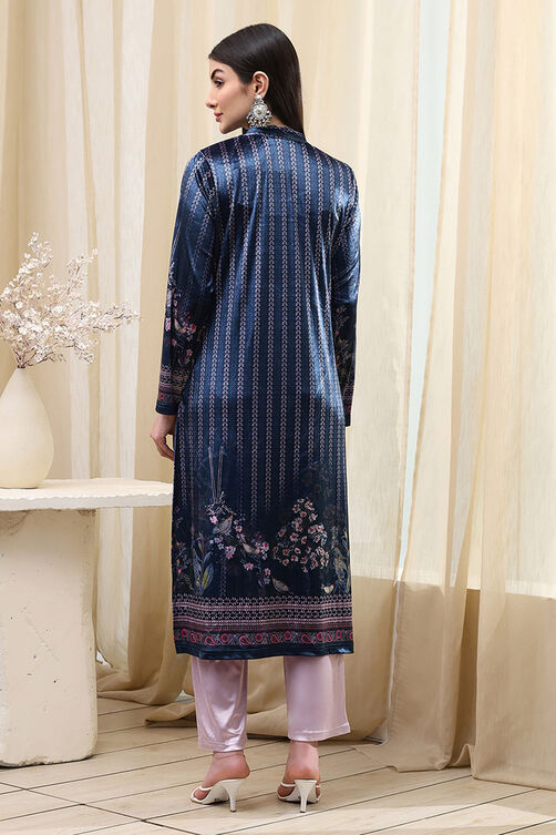 Petrol Blue Polyester Straight Printed Kurta Slim Pant Suit Set image number 4