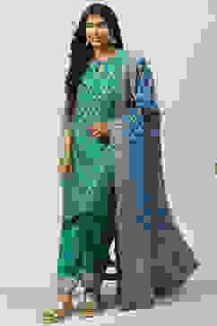 Peacock Green Art Silk Straight Kurta Salwar Suit Set image number 7