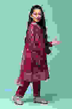 Wine Polyester Gathered Printed Suit Set image number 6