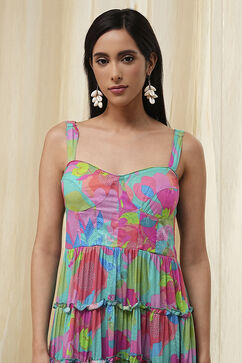 Turquoise Cotton Floral Printed Tiered Dress image number 8