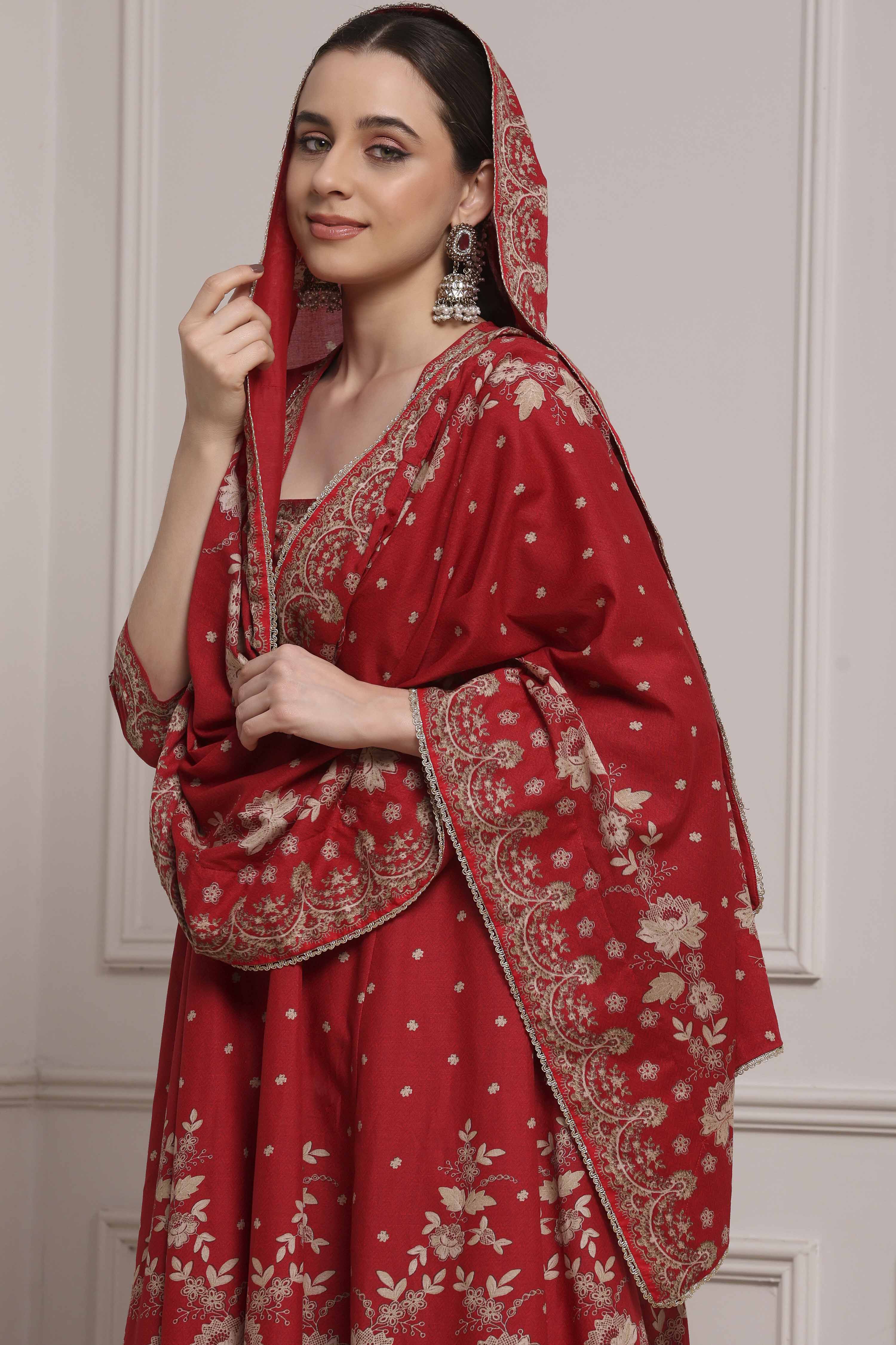 Red Cotton Anarkali Printed Suit Set image number 6