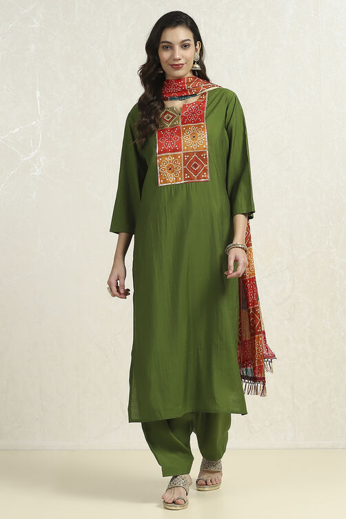 Black Chanderi Jaipuri Work Unstitched Suit Set image number 7