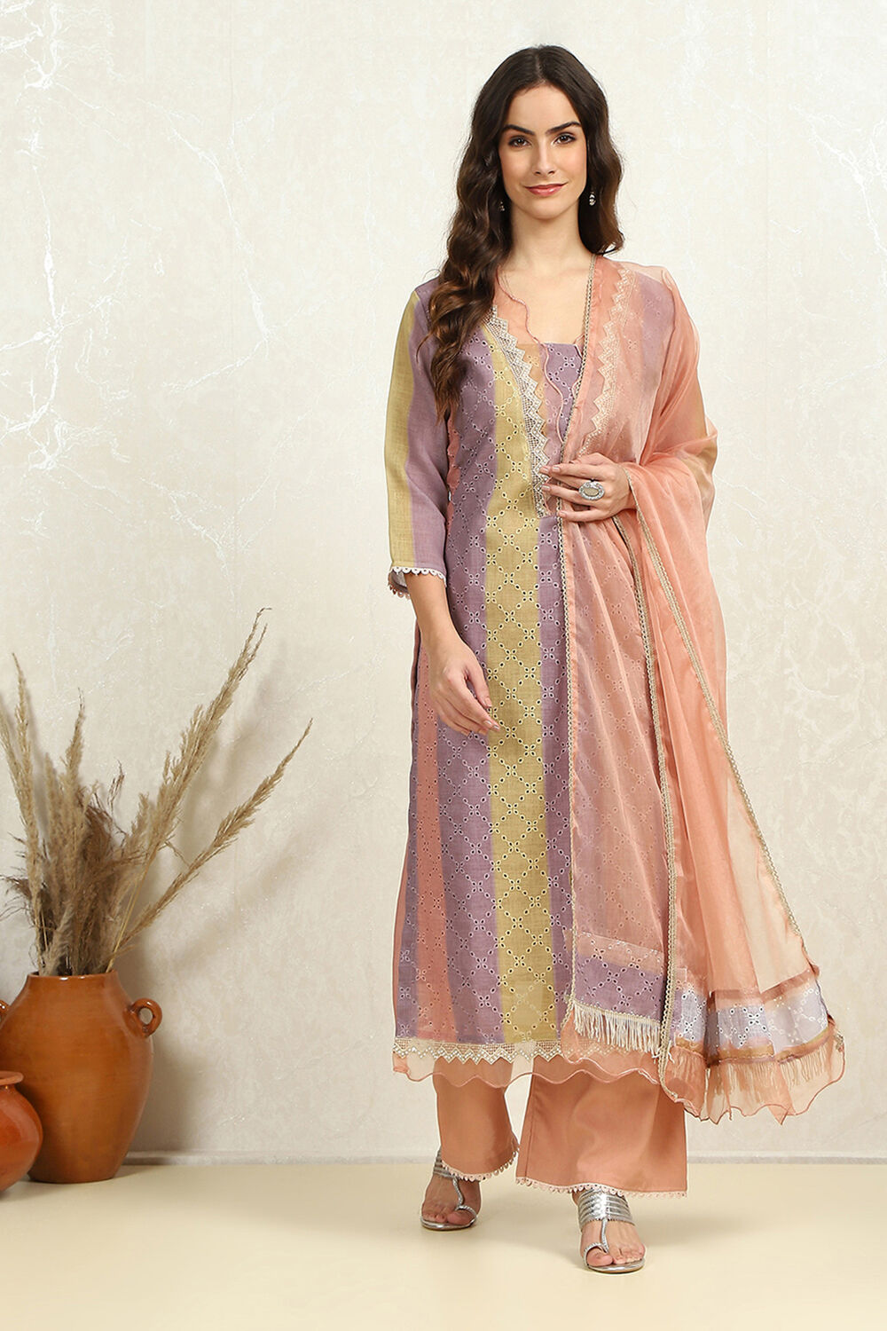 Green Cotton Blend Schiffli Unstitched Suit Set image number 1