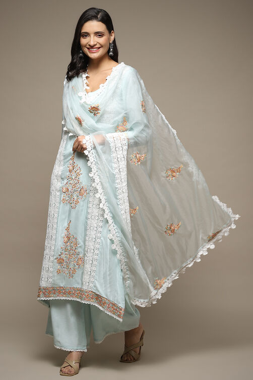 Light Blue Muslin Lace Unstitched Suit Set image number 1