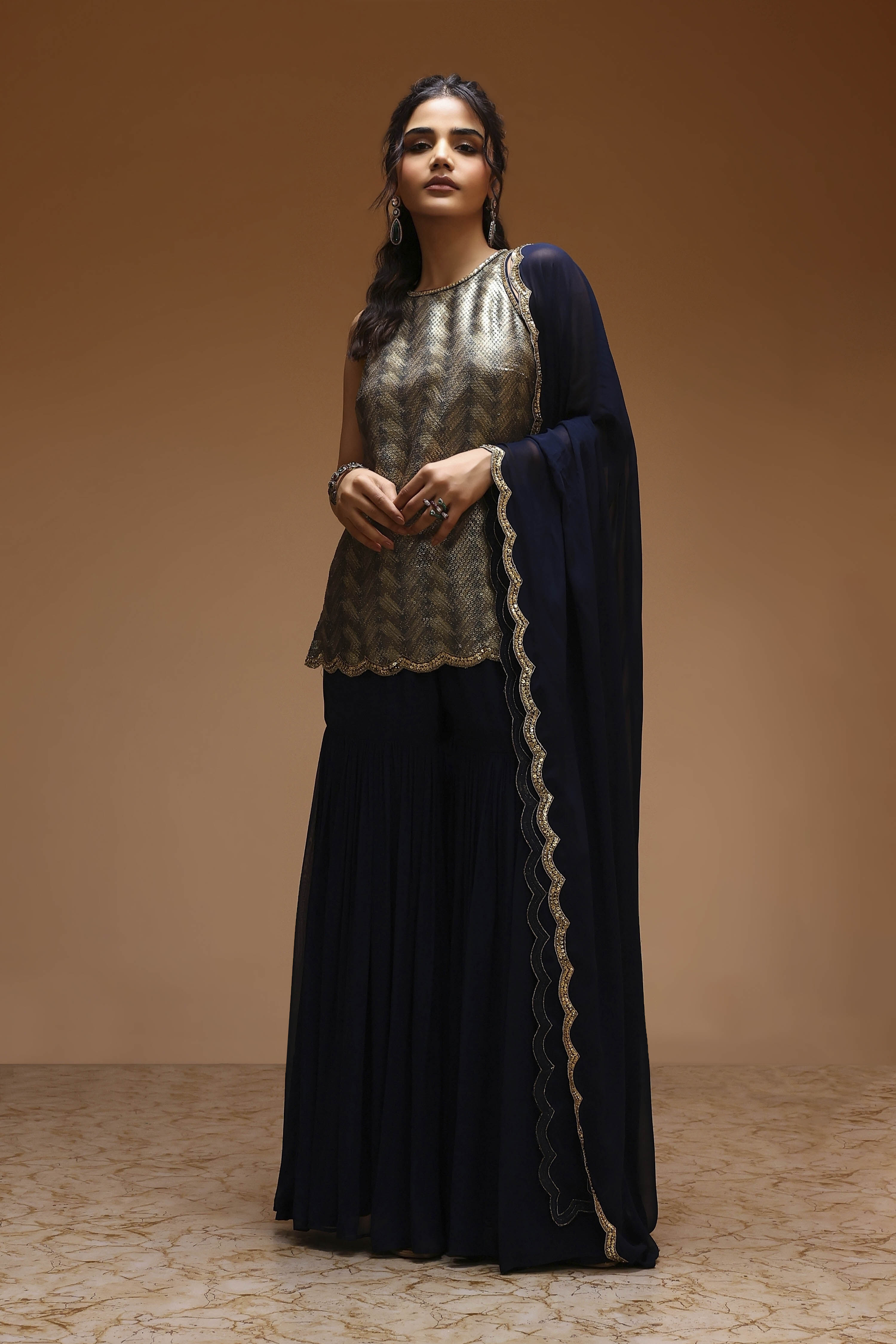 Navy Blue Art Silk Straight Sharara Set image number 3
