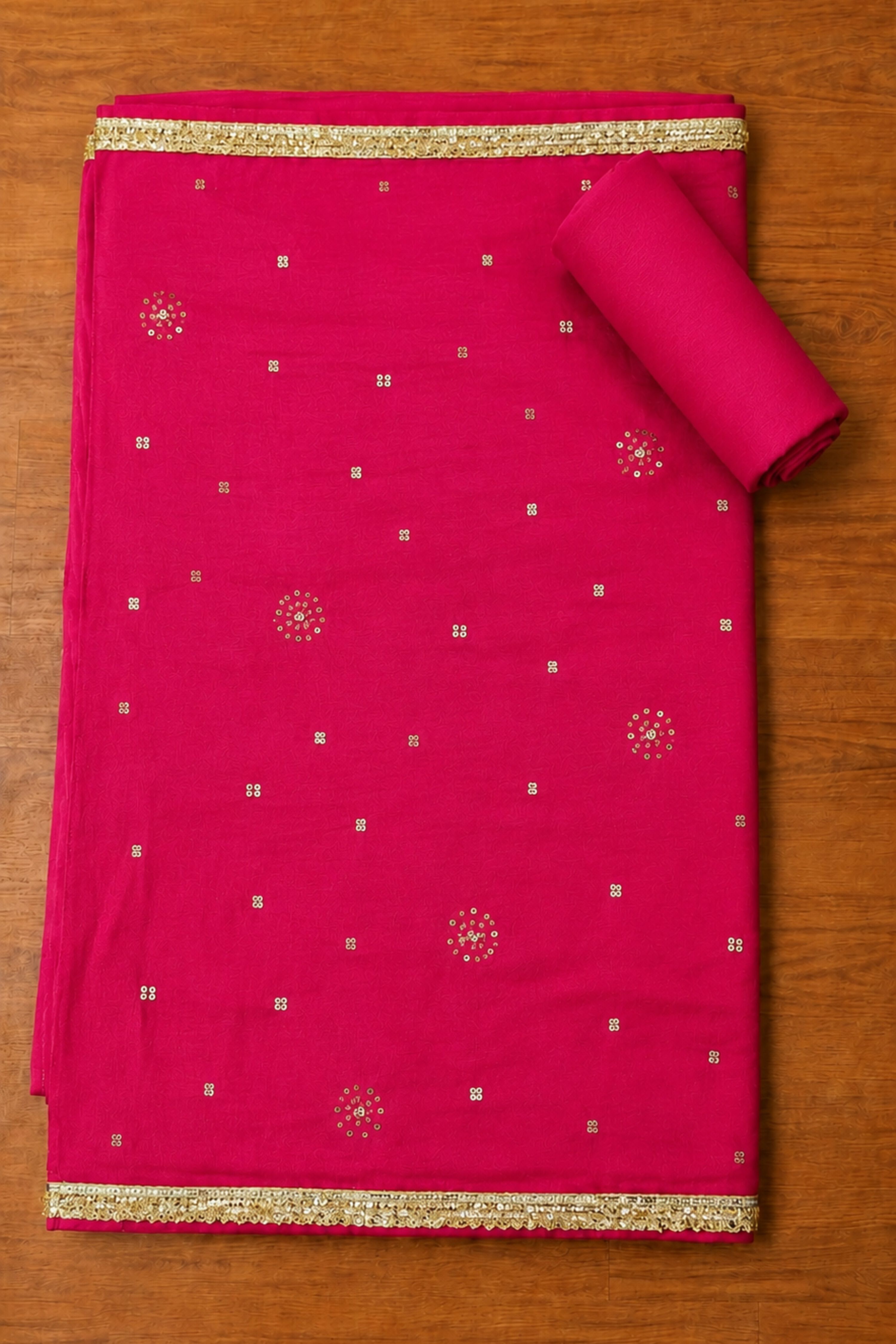 Pink Chanderi Embroidery With Rajasthani Lehriya Print Unstitched Suit Set image number 3