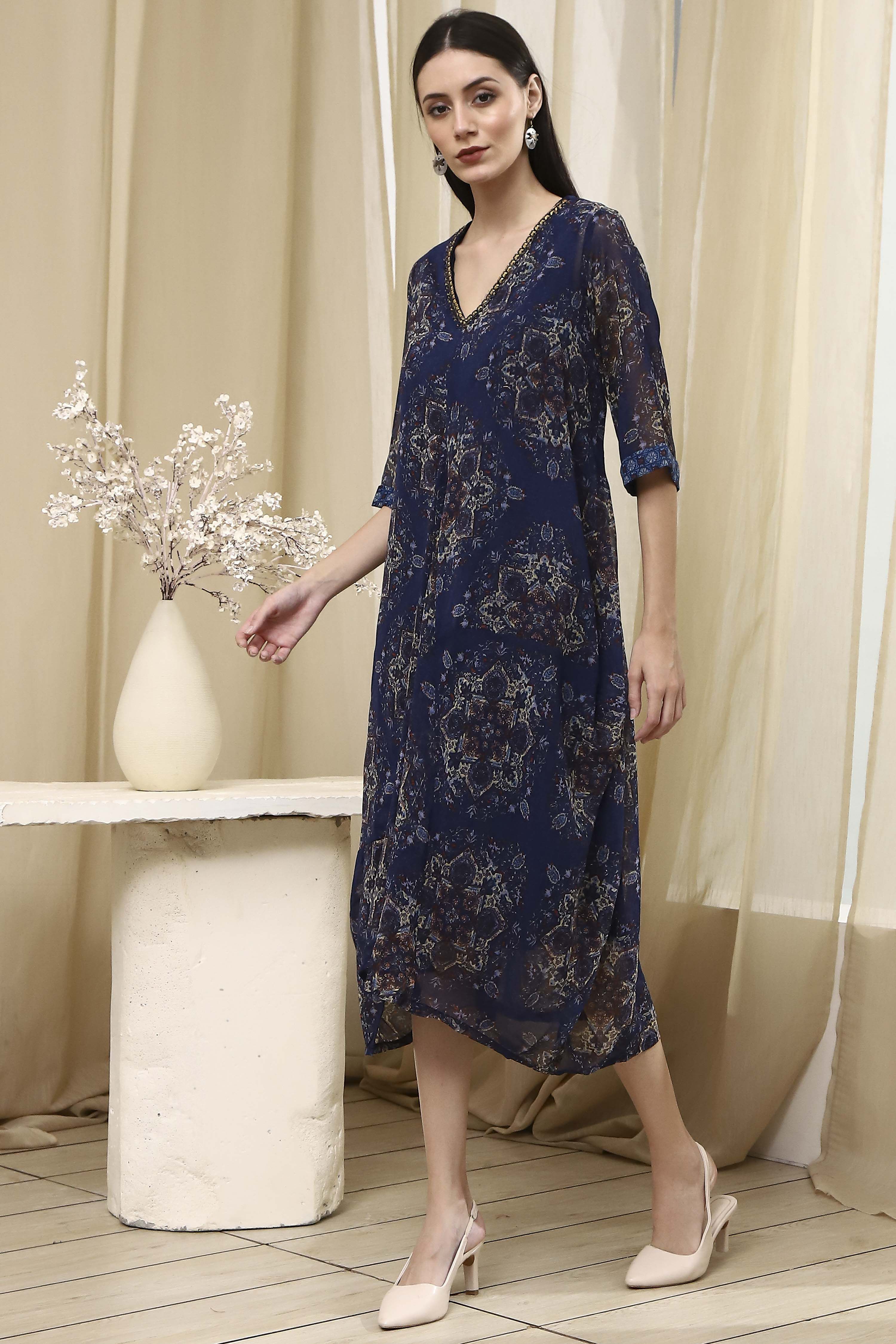 Blue Georgette Printed Asymmetric Dress image number 2