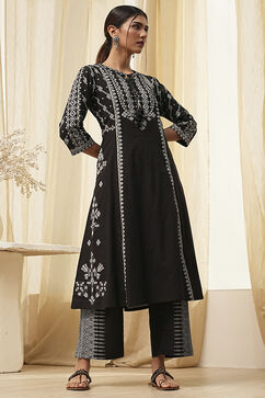 Black Pure Cotton Printed A-line Kurta Set image number 0
