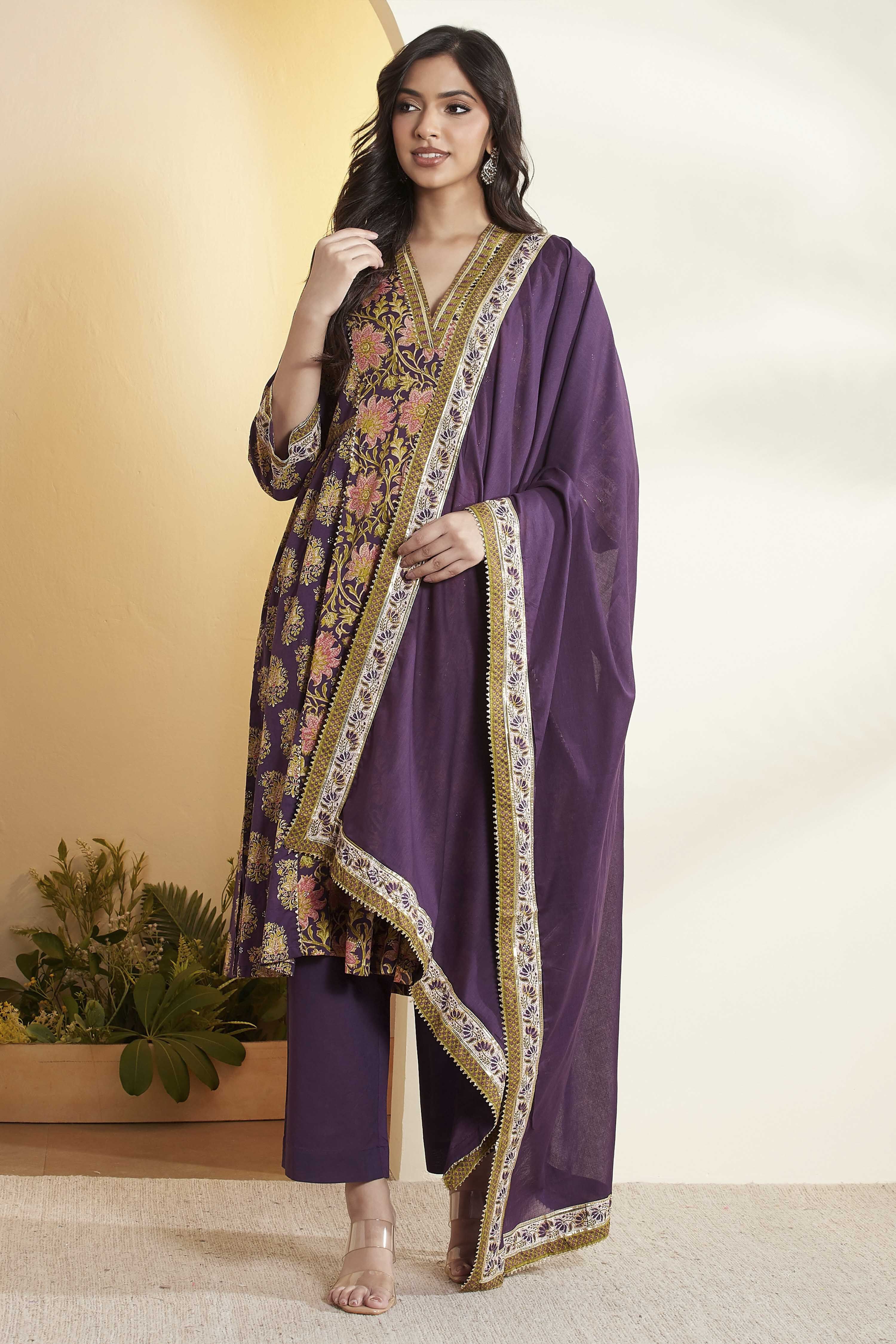 Purple Cotton Asymmetric Suit Set image number 4