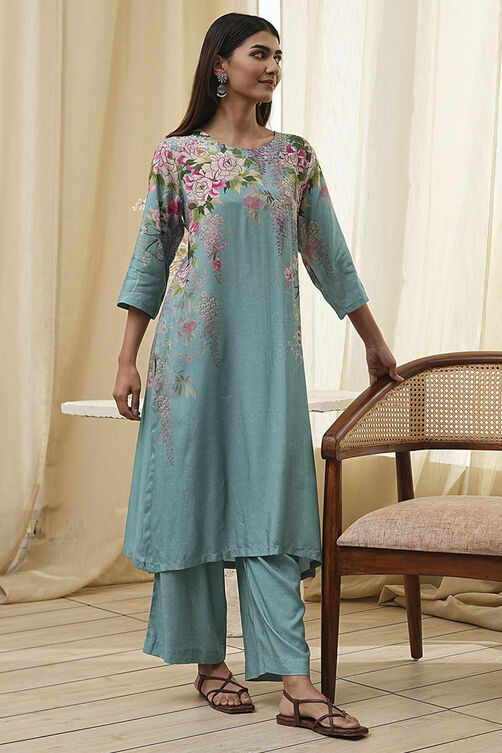 Blue Floral Straight Kurta Set image number 0