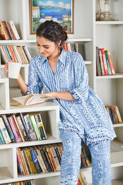 Blue Rayon Geometric Printed Straight Kurta Set image number 0