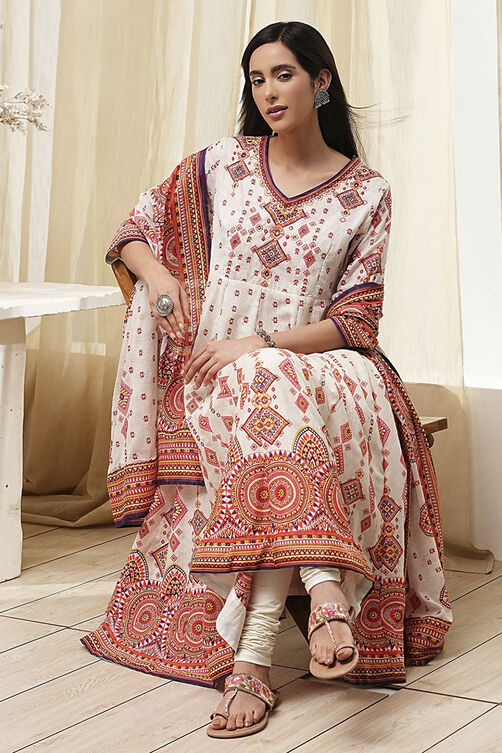 Ecru Cotton Printed Anarkali Suit Set image number 0