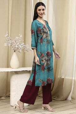 Blue Floral Printed Straight Kurta image number 4