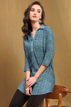 Blue Floral Printed Straight Kurti image number 6