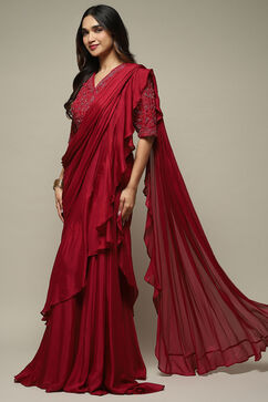 Berry Pre-Draped Nylon Saree With A Stitched Blouse image number 3